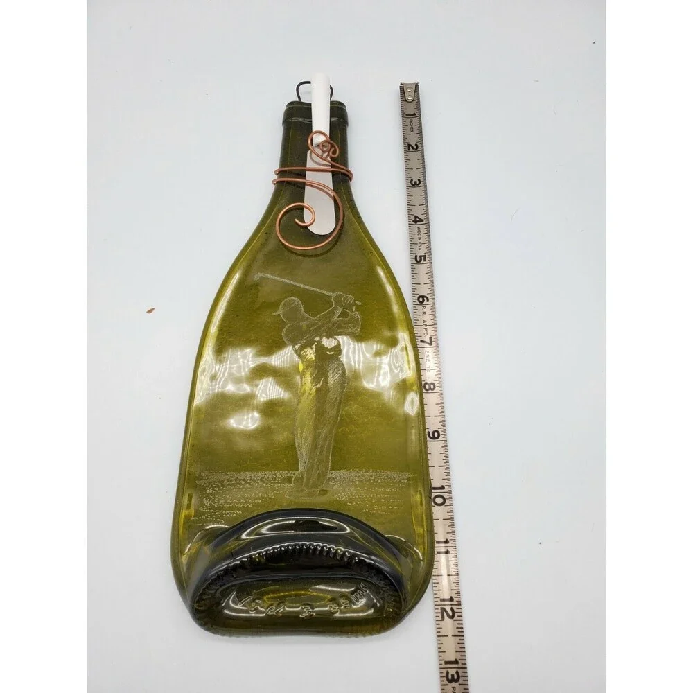 Cheese Plate Green Wine Bottle Serving Dish Spoon Rest Etched Golfer Flattened